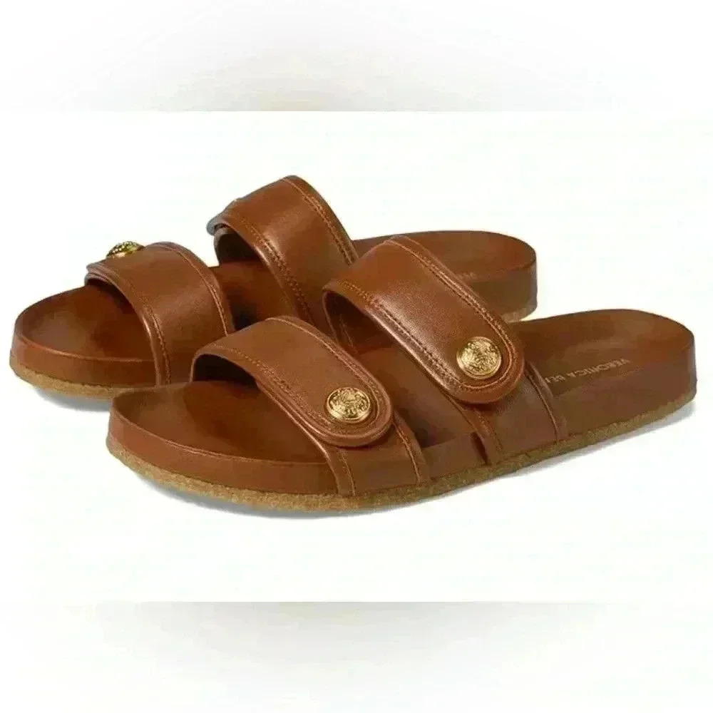 Veronica Beard percey brown leather‎ slides with gold buttons women’s size 6